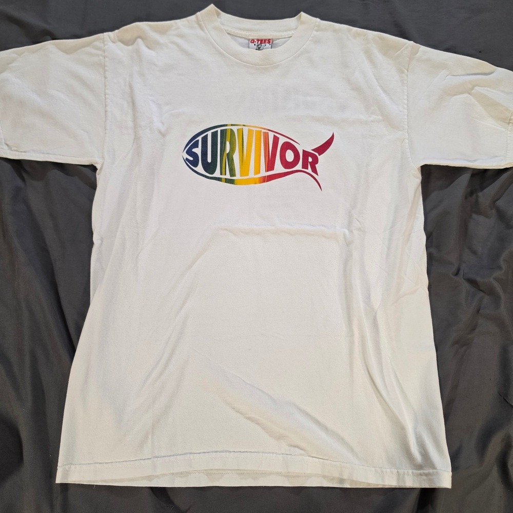 Vintage Q-Tees Survivor Rainbow Fish Christian Music T-Shirt White Large 2001